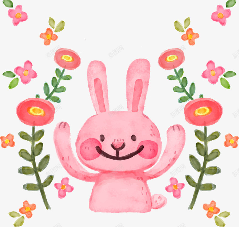 卡通手绘粉红兔子鲜花矢量图ai免抠素材_新图网 https://ixintu.com 兔子 卡通 可爱 手绘 粉红 绿叶 鲜花 矢量图