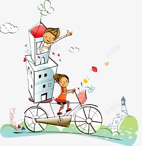 儿童绘画插画png免抠素材_新图网 https://ixintu.com 云朵 小孩 房子 自行车