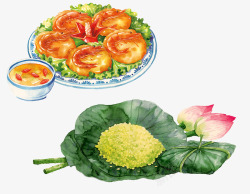 糯米饭免抠png荷叶糯米饭和油炸虾美食高清图片