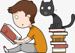 读书男孩偷看的猫咪高清图片
