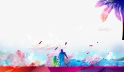 彩色父子骑自行车云朵背景素材