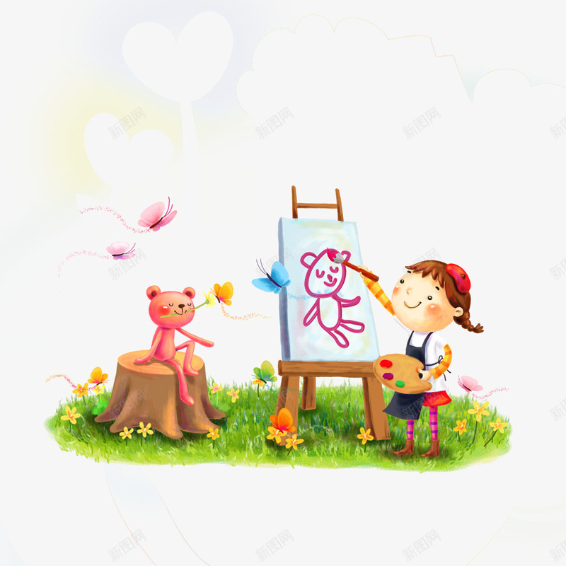 绘画的女孩png免抠素材_新图网 https://ixintu.com 儿童节素材 卡通元素 女孩 小熊 画画