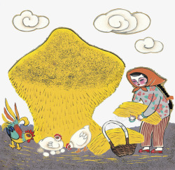 麦垛堆传统插画收麦子的农妇高清图片