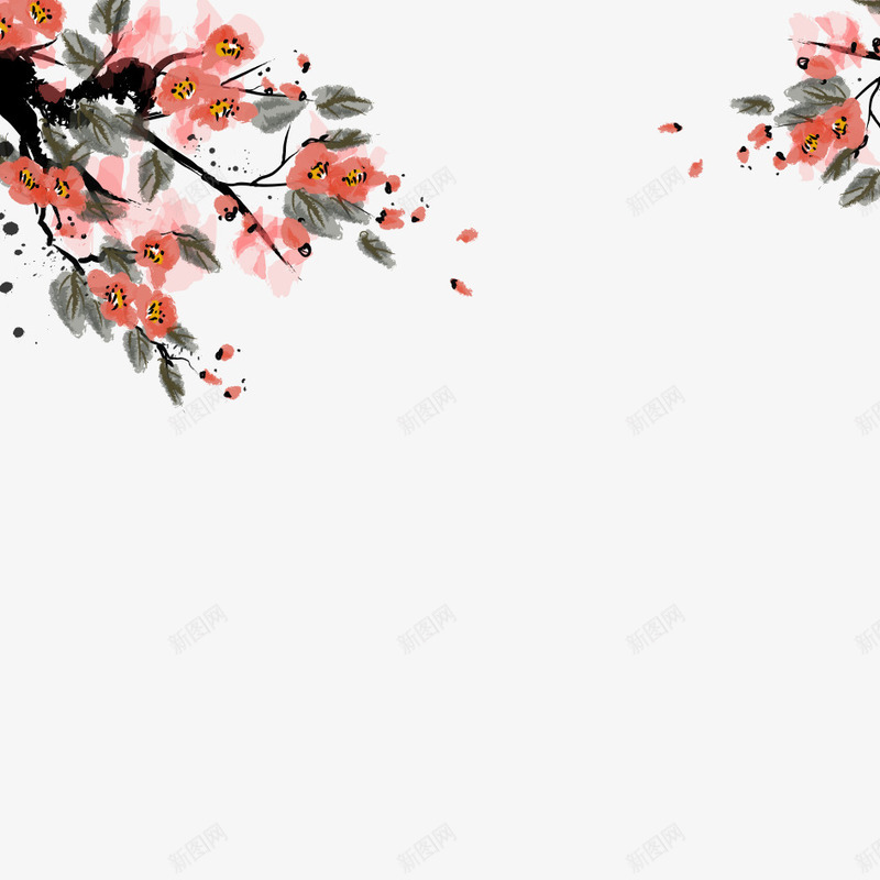 中国风梅花psd免抠素材_新图网 https://ixintu.com 梅花 植物 水墨画 粉色鲜花 绿色叶子 花朵 鲜花