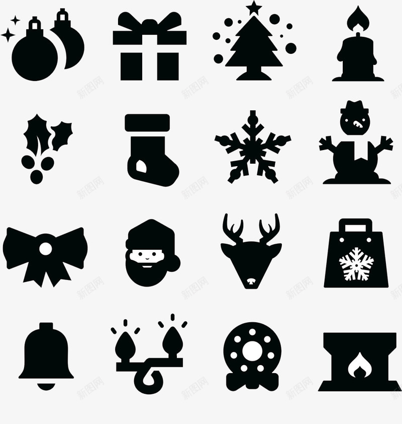 圣诞黑白元素图标礼物圣诞树png_新图网 https://ixintu.com 元素图标 圣诞 圣诞树 礼物 铃铛 黑白