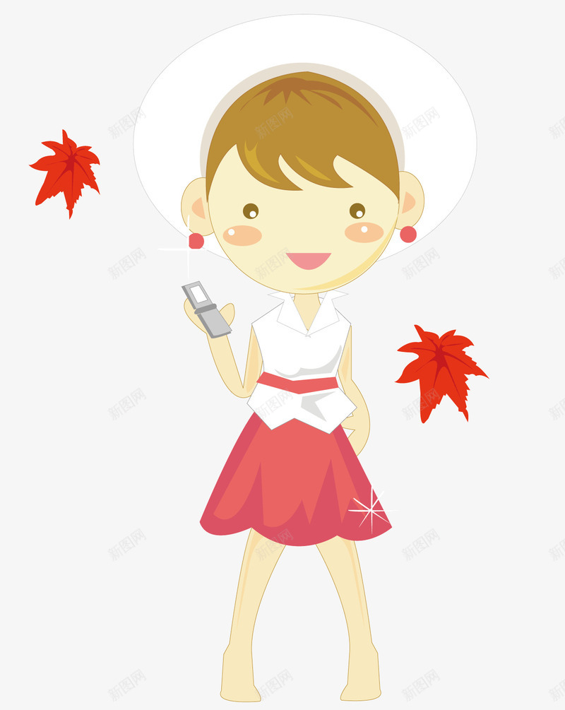 玩手机的卡通女生png免抠素材_新图网 https://ixintu.com 动漫人物头发 卡通女孩 拿着电话 电话 白色帽子 穿裙子的女生 红色短裙 黄头发