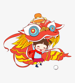 手绘卡通中国风传统舞狮子素材