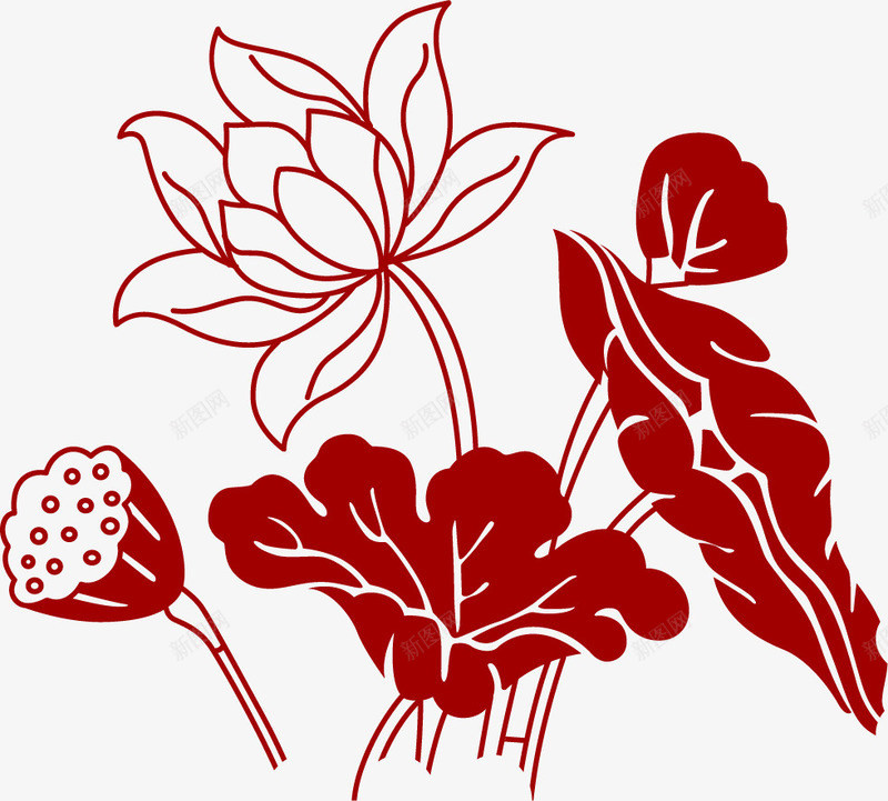 红色手绘的荷花png免抠素材_新图网 https://ixintu.com 手绘荷花 植物 红色花 花朵 荷叶 荷花 莲子
