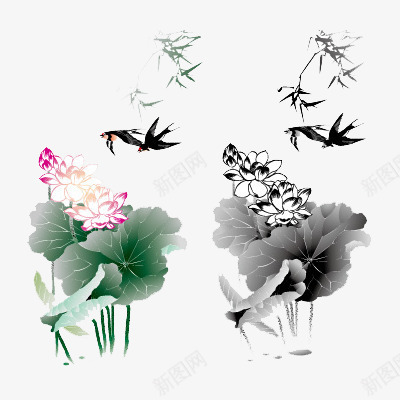 荷花荷叶燕子png免抠素材_新图网 https://ixintu.com 中国风 免抠 植物元素 水彩 竹子荷花荷叶满池塘