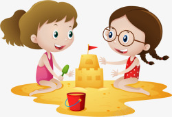 两个小孩开心玩耍儿童节堆城堡的女孩高清图片