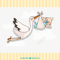 婴儿桃子水送子鹤与婴儿贴纸矢量图高清图片