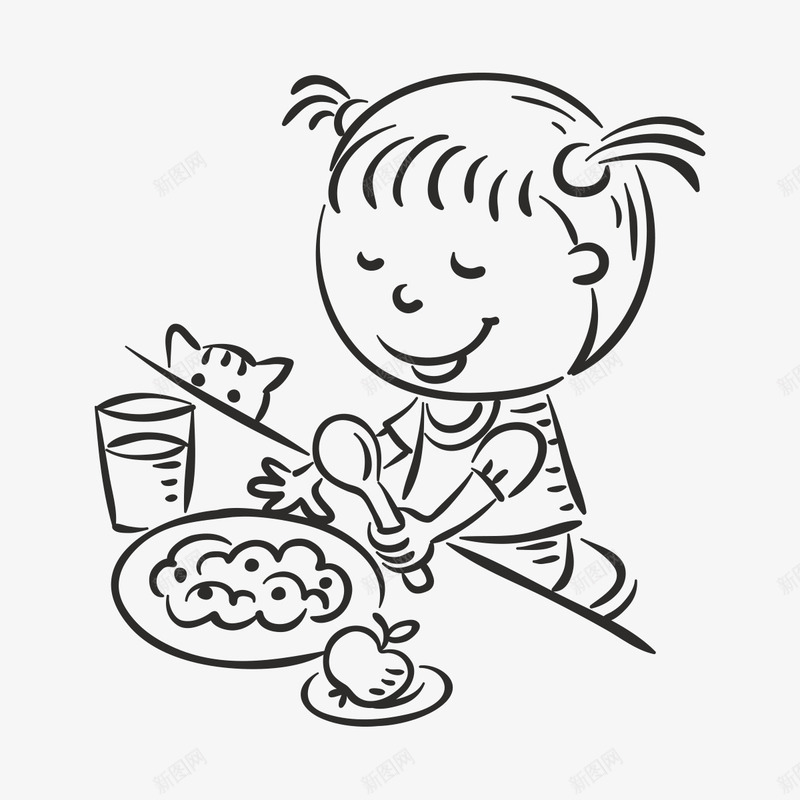 卡通儿童手绘png免抠素材_新图网 https://ixintu.com 儿童手绘 儿童画 动漫 动画 小女孩吃饭 小猫咪 杯子 水果 粗线条 绘画
