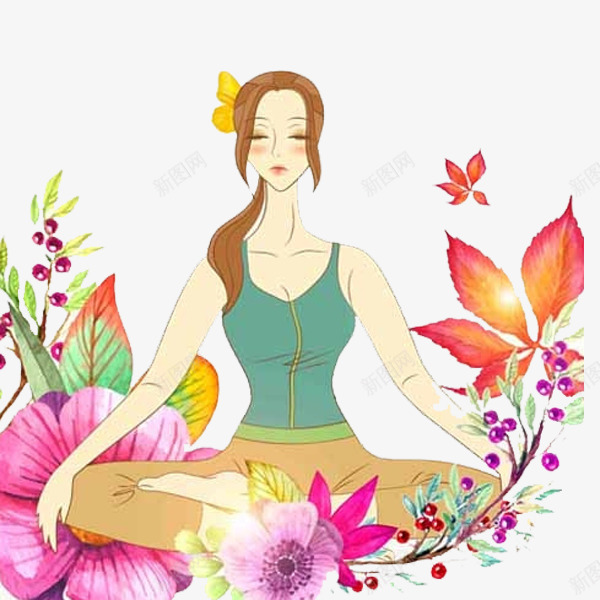 卡通女孩png免抠素材_新图网 https://ixintu.com 养生 卡通 女孩 手绘 植物 瑜伽 鲜花