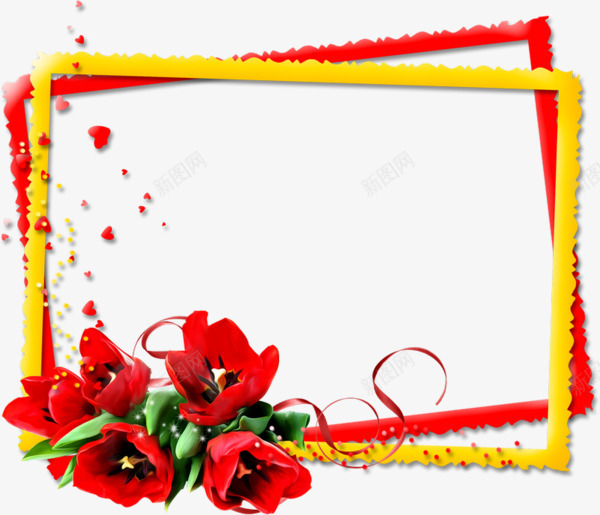 红色鲜花花卉红黄边框png免抠素材_新图网 https://ixintu.com 丝带装饰 相框边框 红色鲜花 花卉