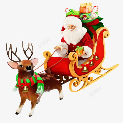 卡通圣诞老人坐麋鹿雪橇送礼物png免抠素材_新图网 https://ixintu.com 卡通手绘 圣诞 圣诞素材 圣诞老公公 麋鹿雪橇