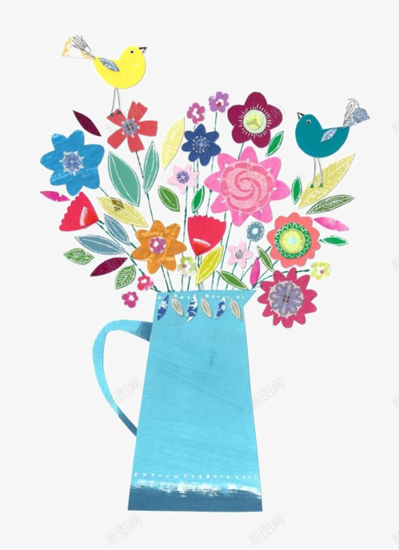卡通手绘插在花瓶里的鲜花png免抠素材_新图网 https://ixintu.com 动物 手绘PNG素材 蓝色花瓶 鲜花 黄色小鸟