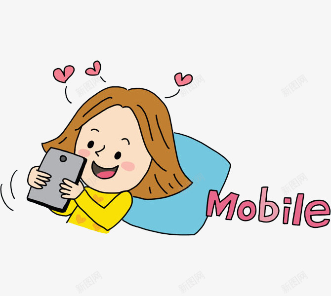 玩手机的女孩png免抠素材_新图网 https://ixintu.com 卡通 女孩 插图 爱心 玩手机 英文字 高兴地