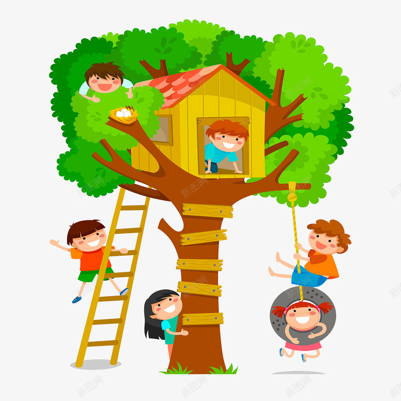 玩耍的可爱孩子png免抠素材_新图网 https://ixintu.com 卡通 卡通儿童 卡通树屋 卡通绘画 大树 树屋