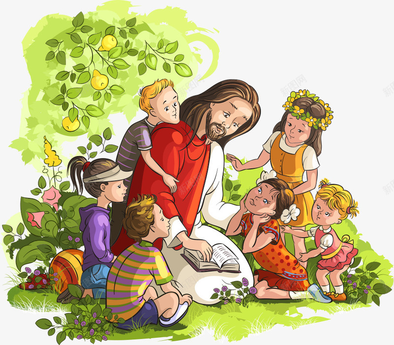 看圣经的耶稣与儿童png免抠素材_新图网 https://ixintu.com 上帝耶稣耶和华 人物 儿童 卡通人物 卡通儿童 圣经 矢量儿童 耶稣