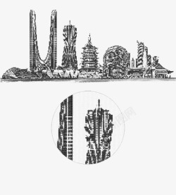 黑白清新简线条手绘旅游杭州地标素材
