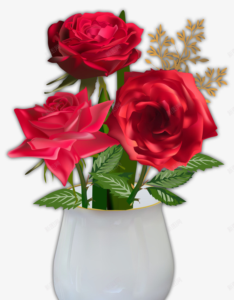 玫瑰花插花png免抠素材_新图网 https://ixintu.com 叶子 插花 玫瑰花 红花 花朵 花瓶 鲜花