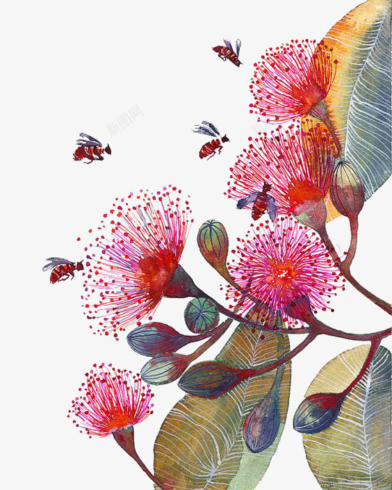 花朵和蜜蜂png免抠素材_新图网 https://ixintu.com 创意 卡通 手绘 插画 蜜蜂 衣服 鲜花