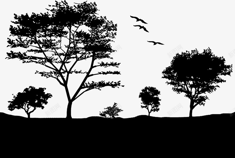 树林飞行的鸟矢量图ai免抠素材_新图网 https://ixintu.com 景色 树木 树林 矢量素材 飞鸟 黑白 矢量图
