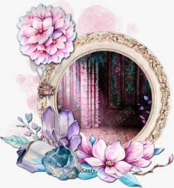手绘镜子粉色荷花镜子中的古典高清图片