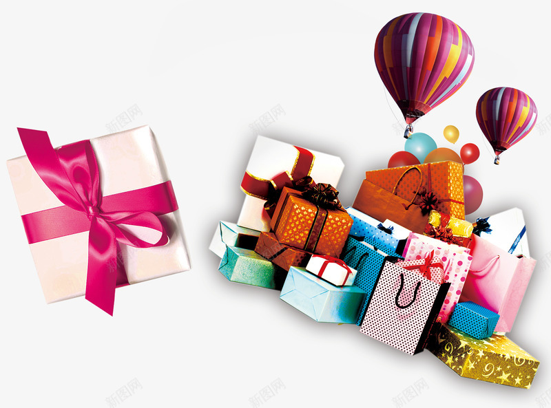 新年礼品盒psd免抠素材_新图网 https://ixintu.com 一堆礼物 新年礼品盒 气球 热气球 礼物盒