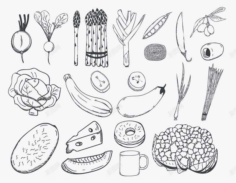 黑白果蔬线稿矢量图ai免抠素材_新图网 https://ixintu.com 果蔬线稿 甜甜圈 萝卜 豆子 黑白 矢量图
