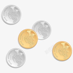 手绘钱币素材卡通手绘五枚硬币高清图片