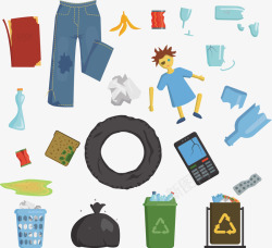 手机垃圾桶垃圾桶和破旧的衣服矢量图高清图片