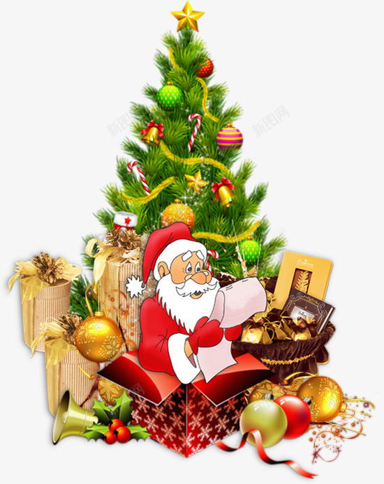 卡通圣诞老人和圣诞树png免抠素材_新图网 https://ixintu.com 圣诞树 圣诞树免抠图片 圣诞礼盒 圣诞老人