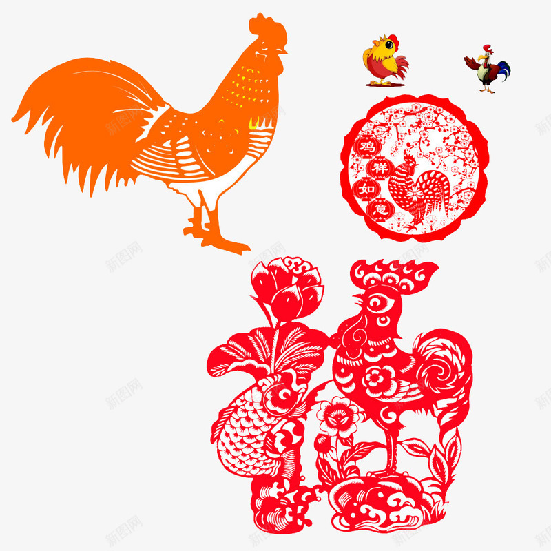 鸡年新年图案psd免抠素材_新图网 https://ixintu.com 公鸡 剪纸 春节PNG素材 植物 红色 荷花