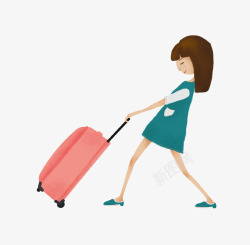 拖行李主色的女孩手绘拖行李箱的少女插画高清图片
