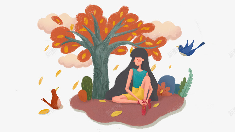 卡通手绘树下坐在的女孩psd免抠素材_新图网 https://ixintu.com 卡通 小鸟装饰 手绘 树下坐在的女孩 绿叶 落叶