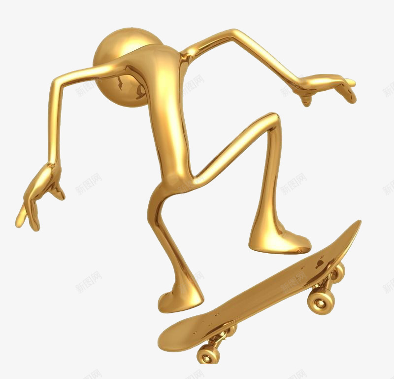 玩滑板的3D金色小人png免抠素材_新图网 https://ixintu.com 3D 模型 滑板 金色