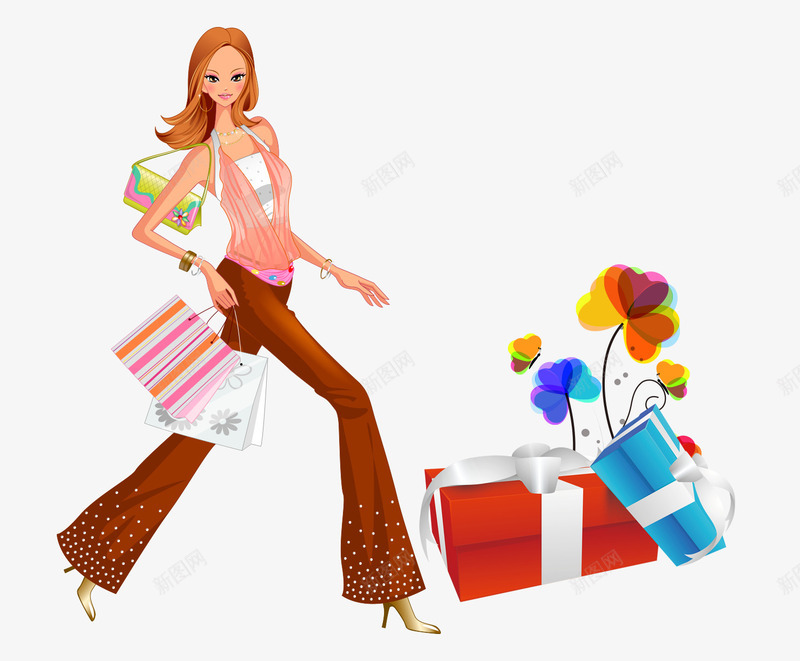 购物女人png免抠素材_新图网 https://ixintu.com 卡通女人 女人 购物 购物的女人 购物礼盒 购物袋 逛街