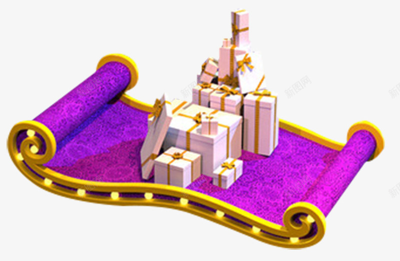 卡通圣诞魔法飞毯png免抠素材_新图网 https://ixintu.com 3d模型 卡通 可爱 圣诞 地毯 礼物盒 紫色毛毯 魔法飞毯