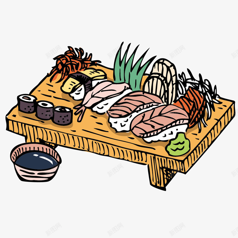 日本料理手绘矢量图ai免抠素材_新图网 https://ixintu.com 卡通 手绘 案板 简单 精致 绿色 美味 美食 装饰 矢量图