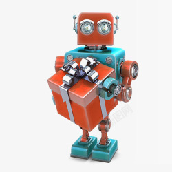 金属机器人手拿橘黄色礼盒的金属机器人高清图片
