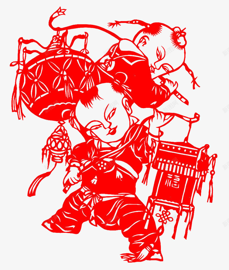中国风剪纸png免抠素材_新图网 https://ixintu.com 中国风剪纸 免费PNG下载 小孩 灯笼 红色 过年