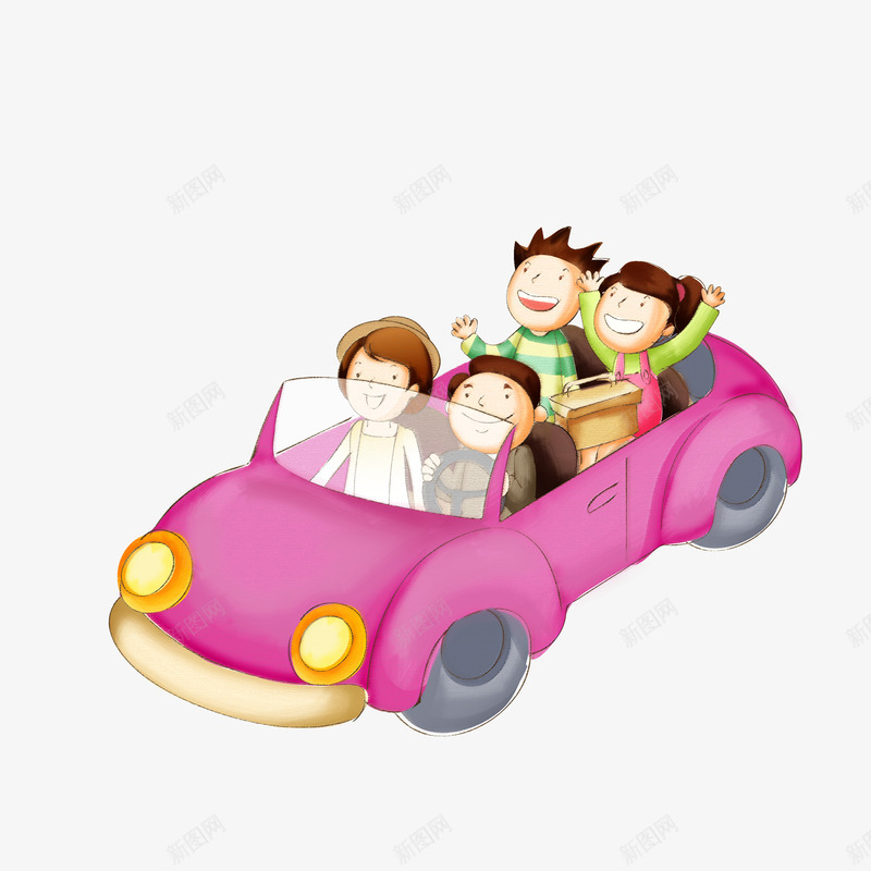 一家人骑车郊游png免抠素材_新图网 https://ixintu.com 一家人 出行 卡通 四人座 小汽车 手绘 粉色