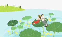 池塘草地卡通春游荷花池塘插画高清图片