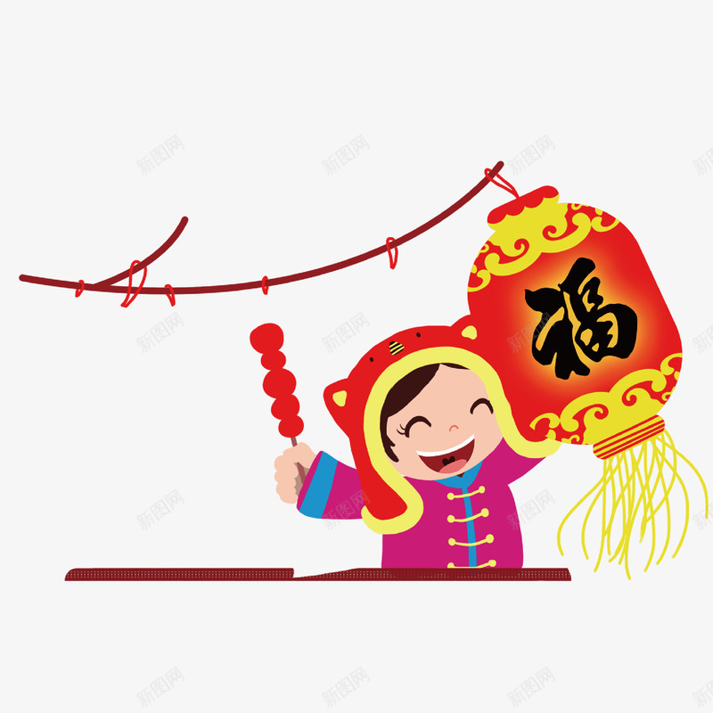 糖葫芦小女孩和灯笼png免抠素材_新图网 https://ixintu.com 卡通 可爱的 大红灯笼 女孩 开心的 新年 糖葫芦