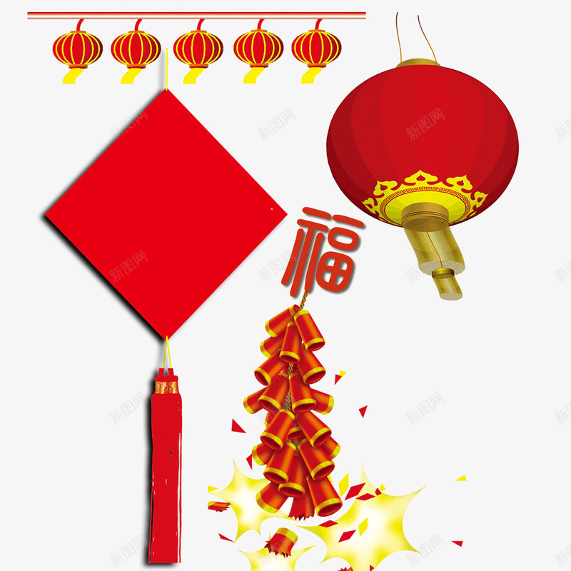 新年装饰的灯笼和鞭炮psd免抠素材_新图网 https://ixintu.com 灯笼 福炮 红色