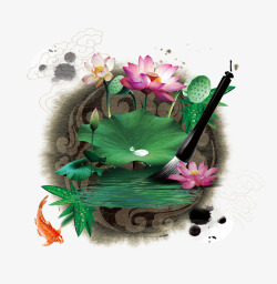 绿色鲤鱼图片墨迹荷花毛笔中国风高清图片