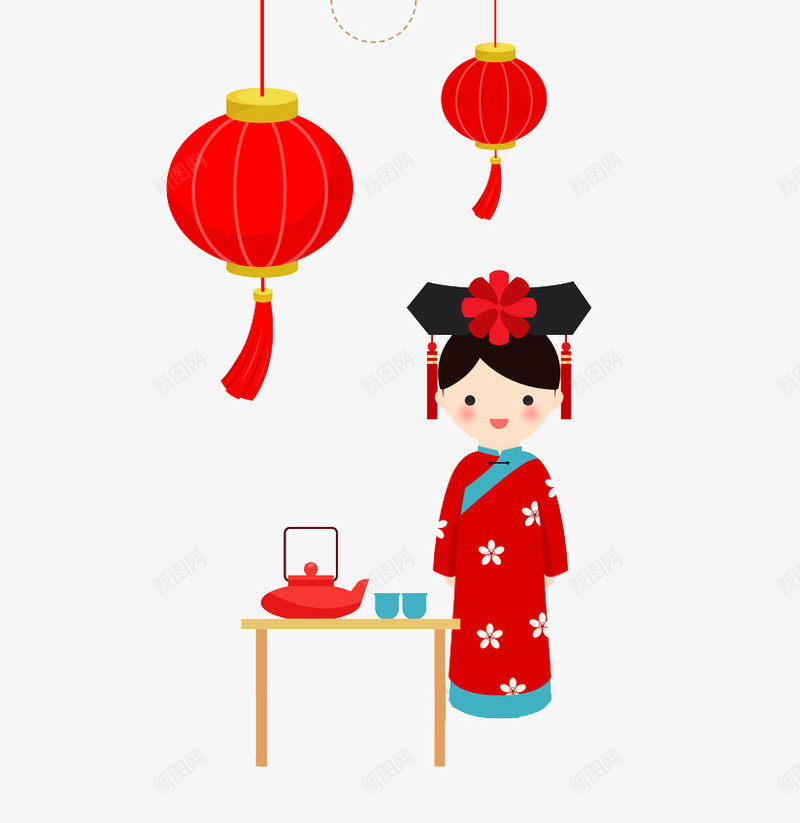 新年灯笼年画png免抠素材_新图网 https://ixintu.com 人物 卡通人物 古代人物 新年 春节 杯子 灯笼 茶壶