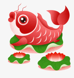 红鱼卡通手绘荷叶上的红鱼高清图片