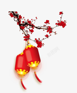 手绘中国风腊梅和灯笼素材